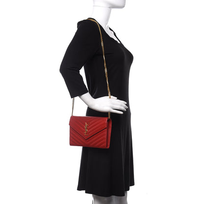 Saint Laurent Grain De Poudre Matelasse Chevron Monogram Chain Wallet Red 2 of 10