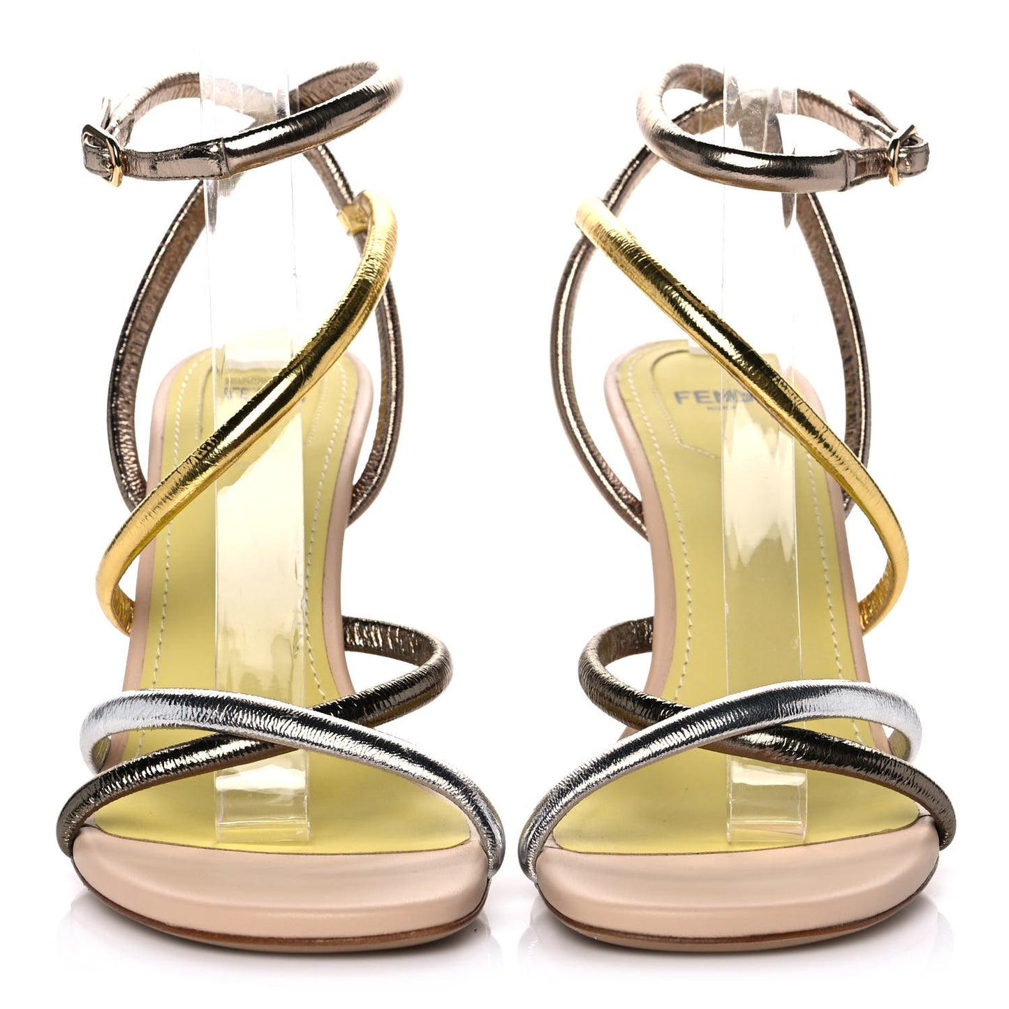 Metallic Nappa Fendi First 95mm Strappy Sandals 38 Argento Stagno Oro Champagne