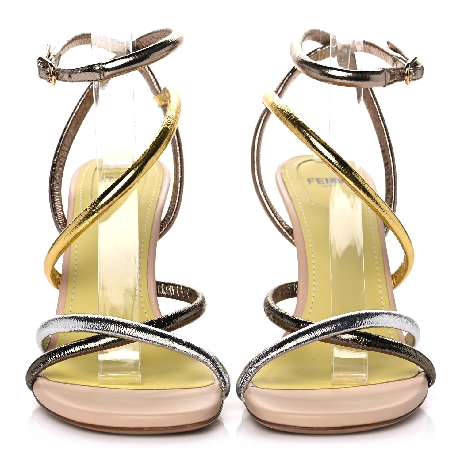 Fendi Metallic Nappa Fendi First 95mm Strappy Sandals 38 Argento Stagno Oro Champagne 2 of 8
