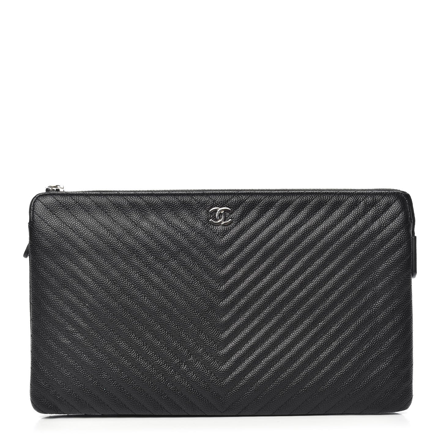 Caviar Chevron Quilted Large Zipped Clutch Black