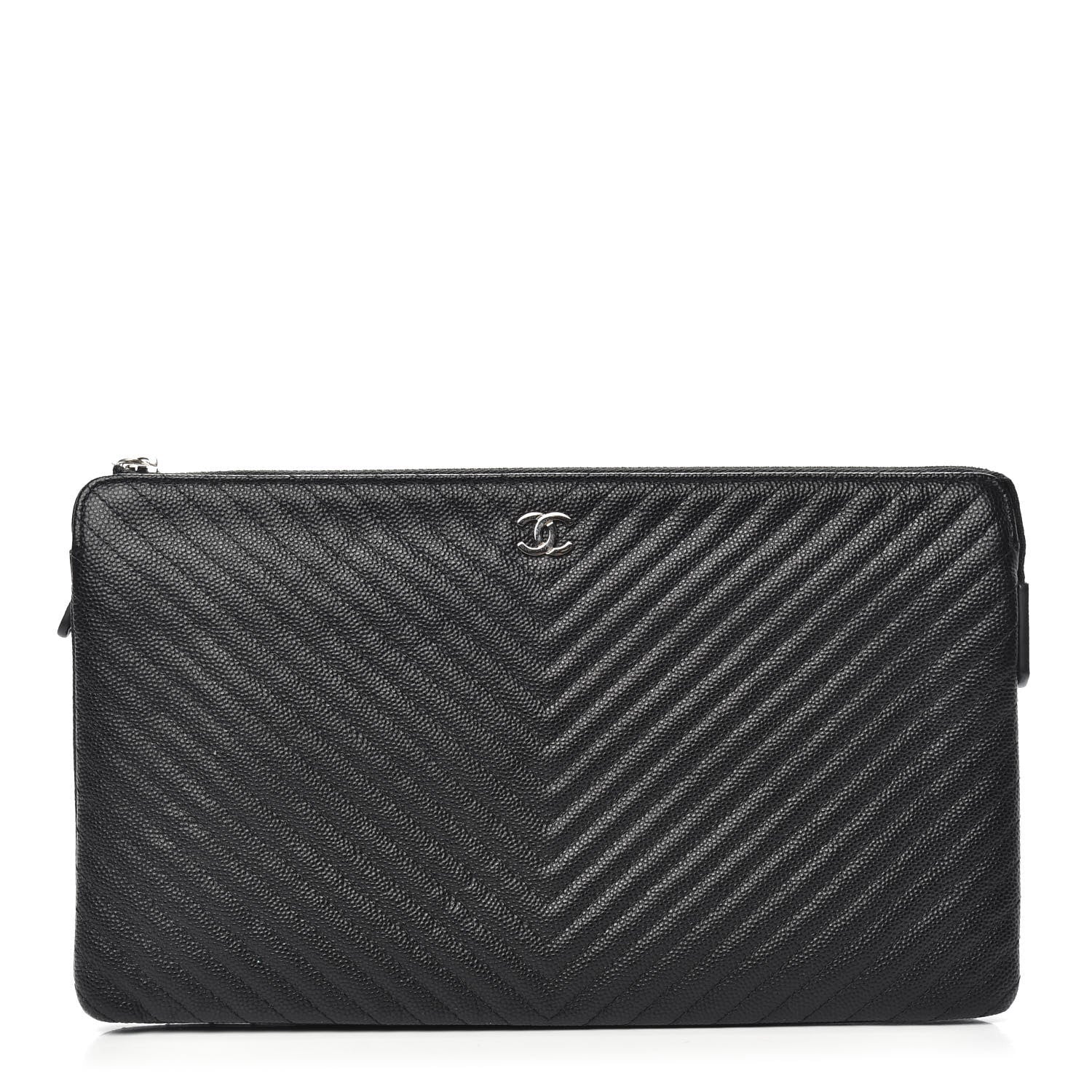 Chanel Caviar Chevron Quilted Large Zipped Clutch Black 1 of 9