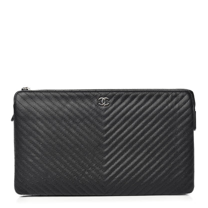 Chanel Caviar Chevron Quilted Large Zipped Clutch Black 1 of 9
