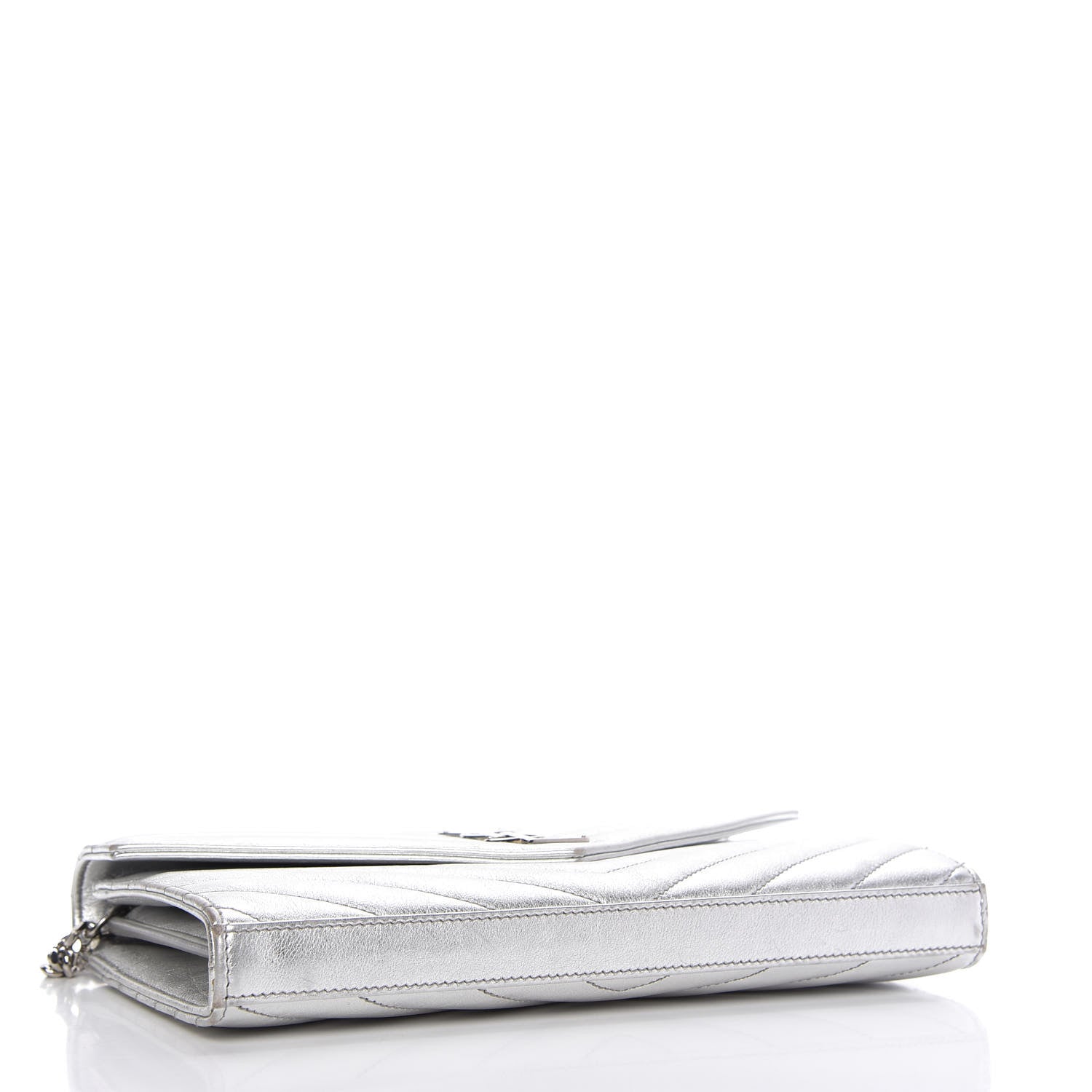 Saint Laurent Metallic Grain De Poudre Matelasse Chevron Monogram Chain Wallet Silver 4 of 11