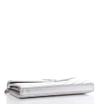 Saint Laurent Metallic Grain De Poudre Matelasse Chevron Monogram Chain Wallet Silver 4 of 11