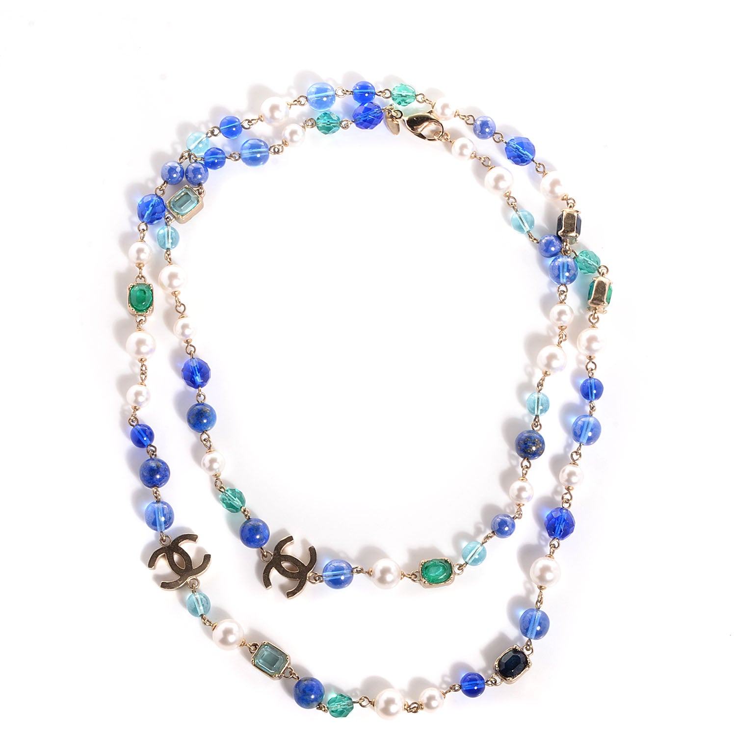 Chanel Beaded Pearl CC Long Strand Necklace Gold Blue White 1 of 6
