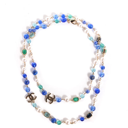 Chanel Beaded Pearl CC Long Strand Necklace Gold Blue White 1 of 6
