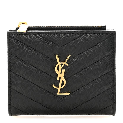 Saint Laurent Grain De Poudre Matelasse Chevron Monogram Zipped Two-Part Wallet Black 1 of 7