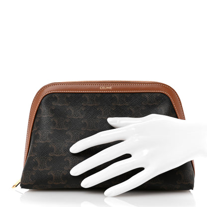Celine Triomphe Canvas Calfskin Medium Cosmetic Pouch Tan 2 of 8