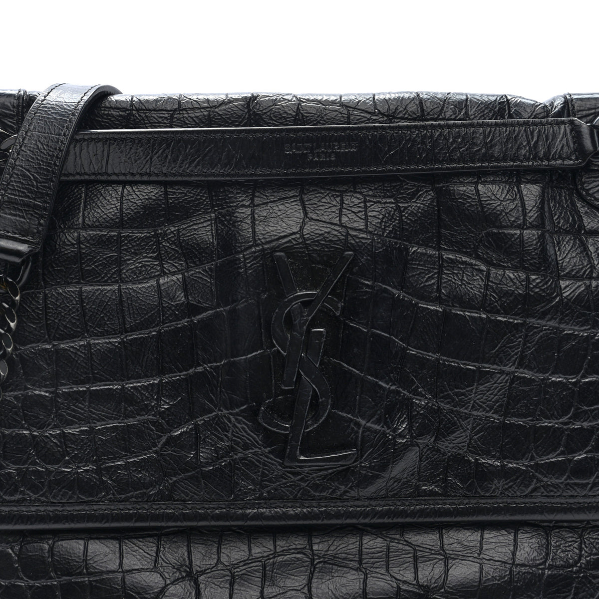 Saint Laurent Crocodile Embossed Lambskin Monogram Medium Niki Chain Satchel Black 7 of 9