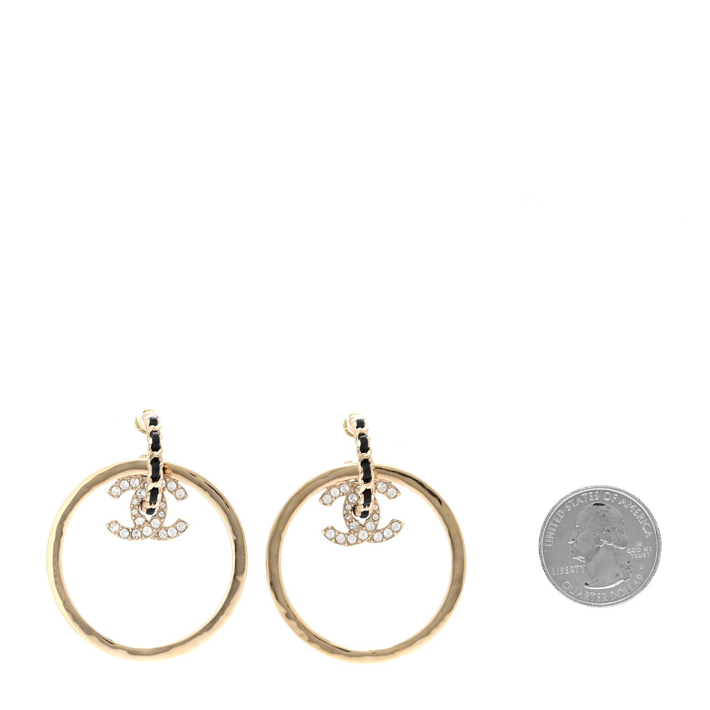 Metal Crystal Lambskin CC Chain Hoop Earrings Gold Black