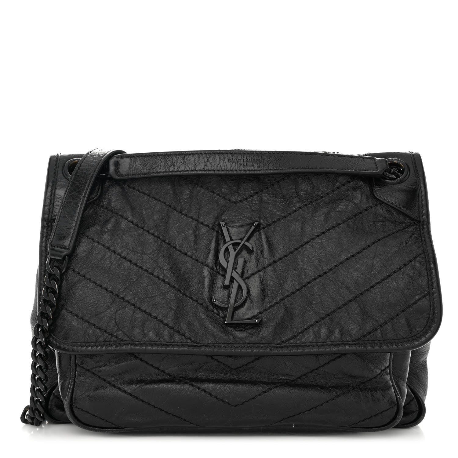 Saint Laurent Crinkled Calfskin Matelasse Monogram Medium Niki Chain Satchel Black 1 of 12