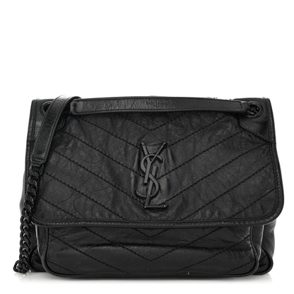 Saint Laurent Crinkled Calfskin Matelasse Monogram Medium Niki Chain Satchel Black 1 of 12