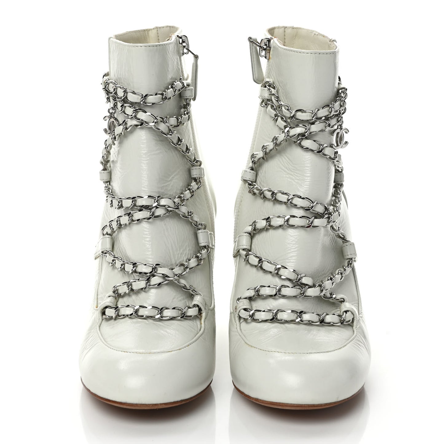 Crackled Calfskin Chain CC Short Boots 38 Ivory