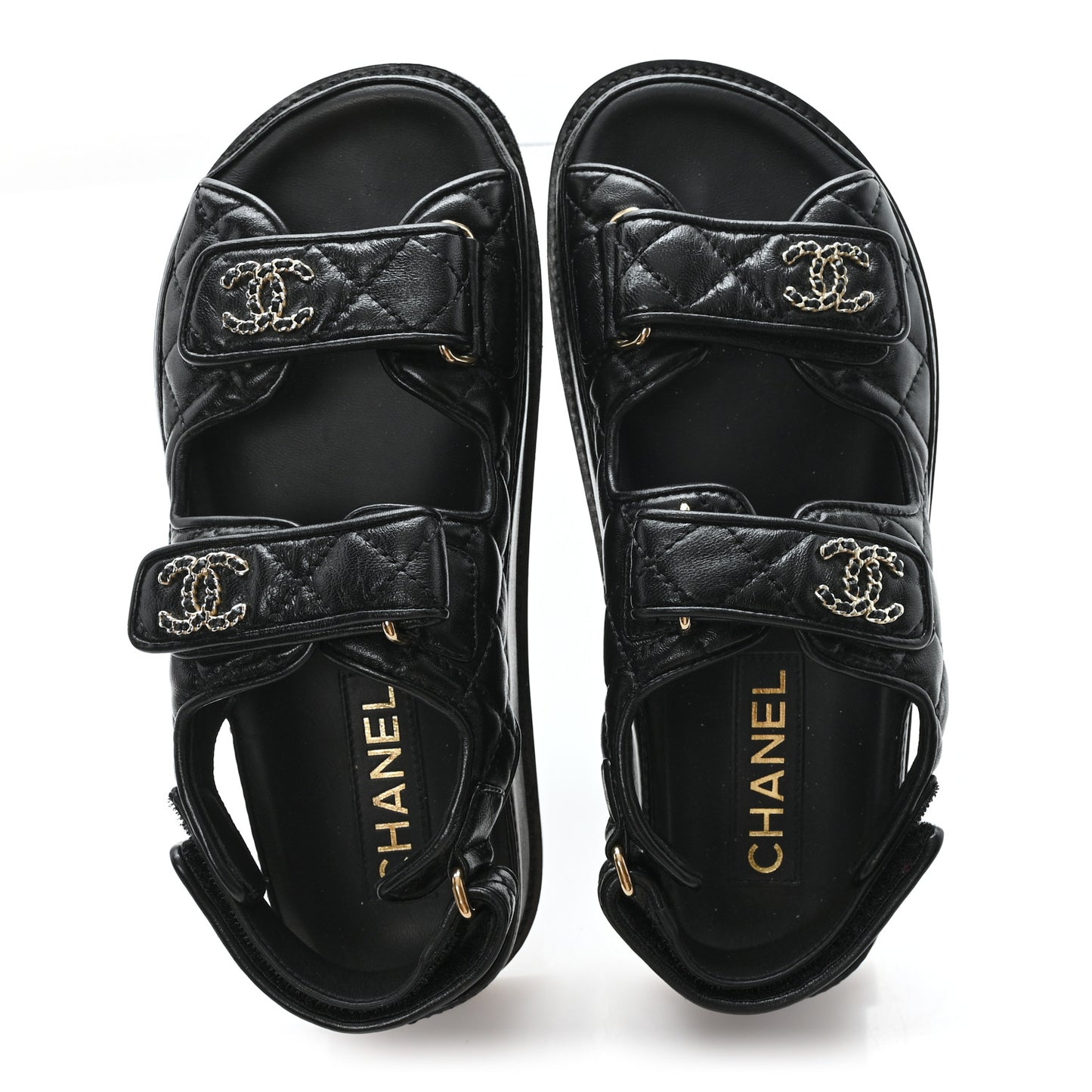 Lambskin Quilted Velcro Dad Chain CC Slide Sandals 36 Black