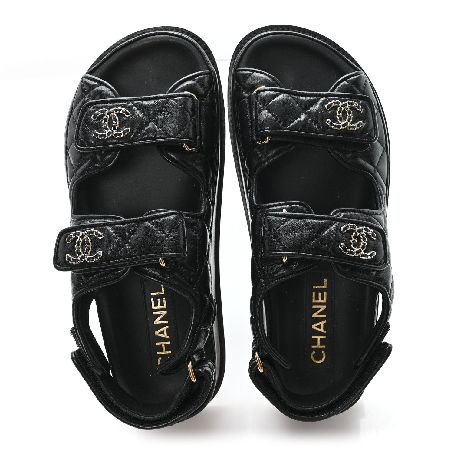 Chanel Lambskin Quilted Velcro Dad Chain CC Slide Sandals 36 Black 2 of 9