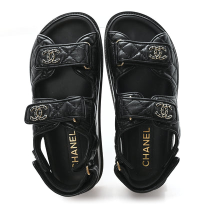 Chanel Lambskin Quilted Velcro Dad Chain CC Slide Sandals 36 Black 2 of 9