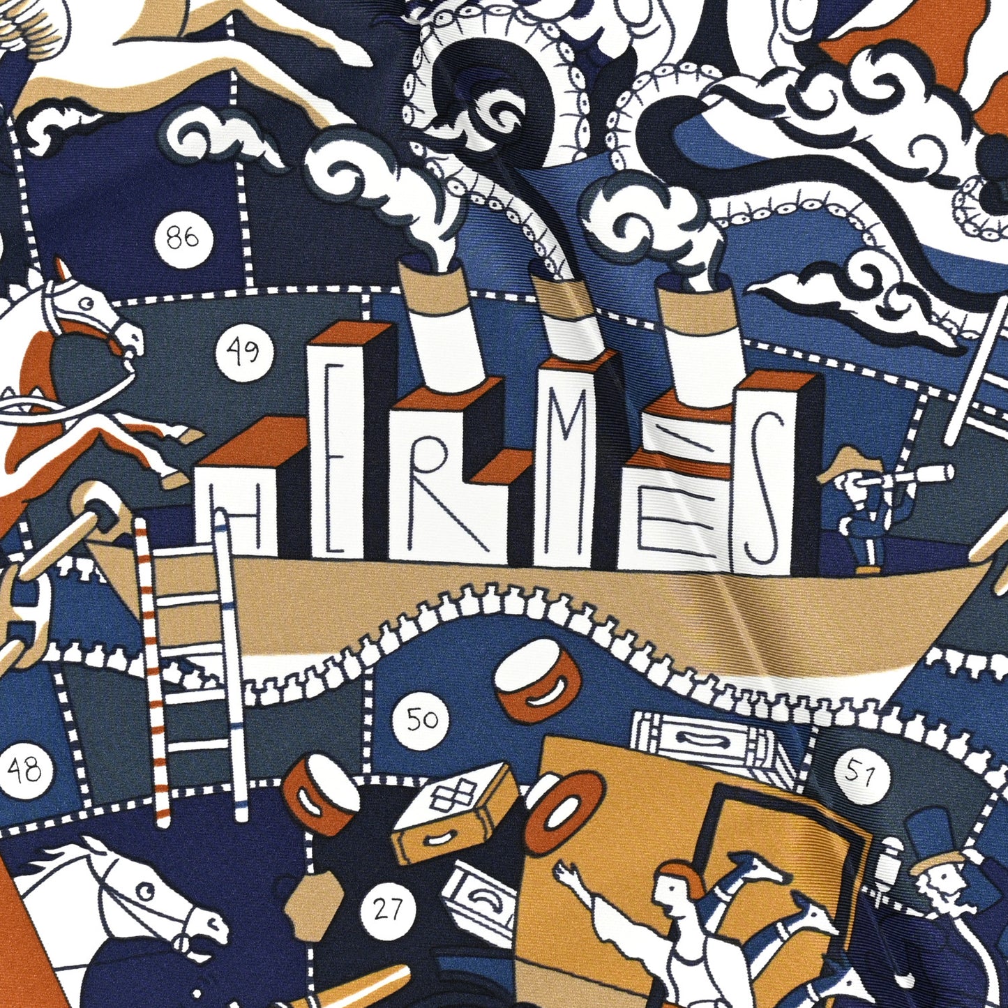 Silk Vintage L Epopee D Hermes Detail Scarf 70 Marine Caramel White