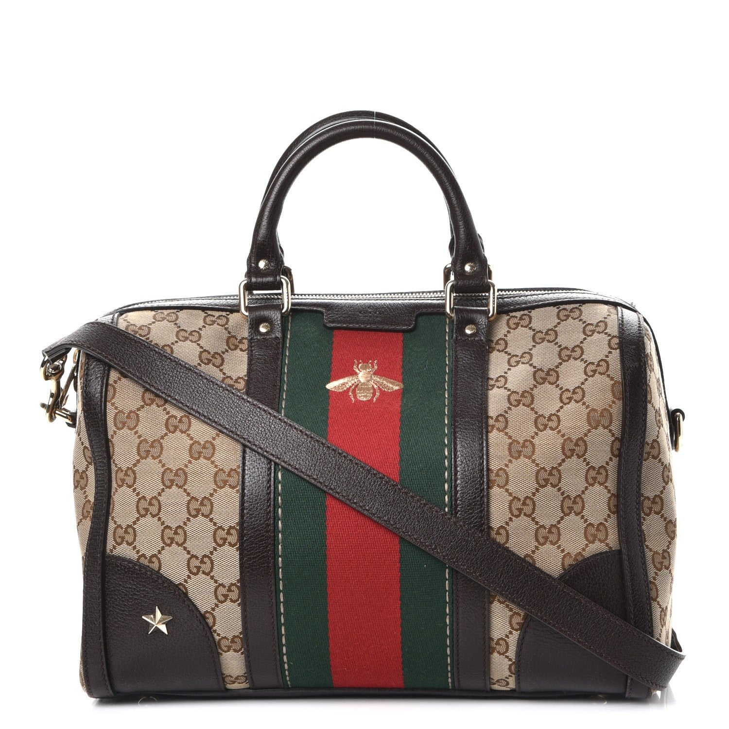 Gucci Monogram Vintage Web Medium Webby Bee Boston Dark Brown 1 of 9