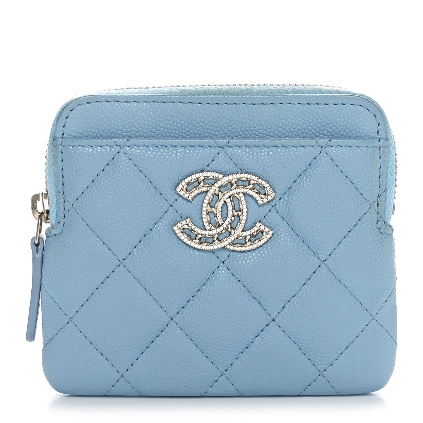 Caviar Quilted Crystal Zip Card Holder Wallet Light Blue