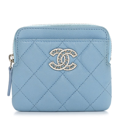 Chanel Caviar Quilted Crystal Zip Card Holder Wallet Light Blue 1 of 10