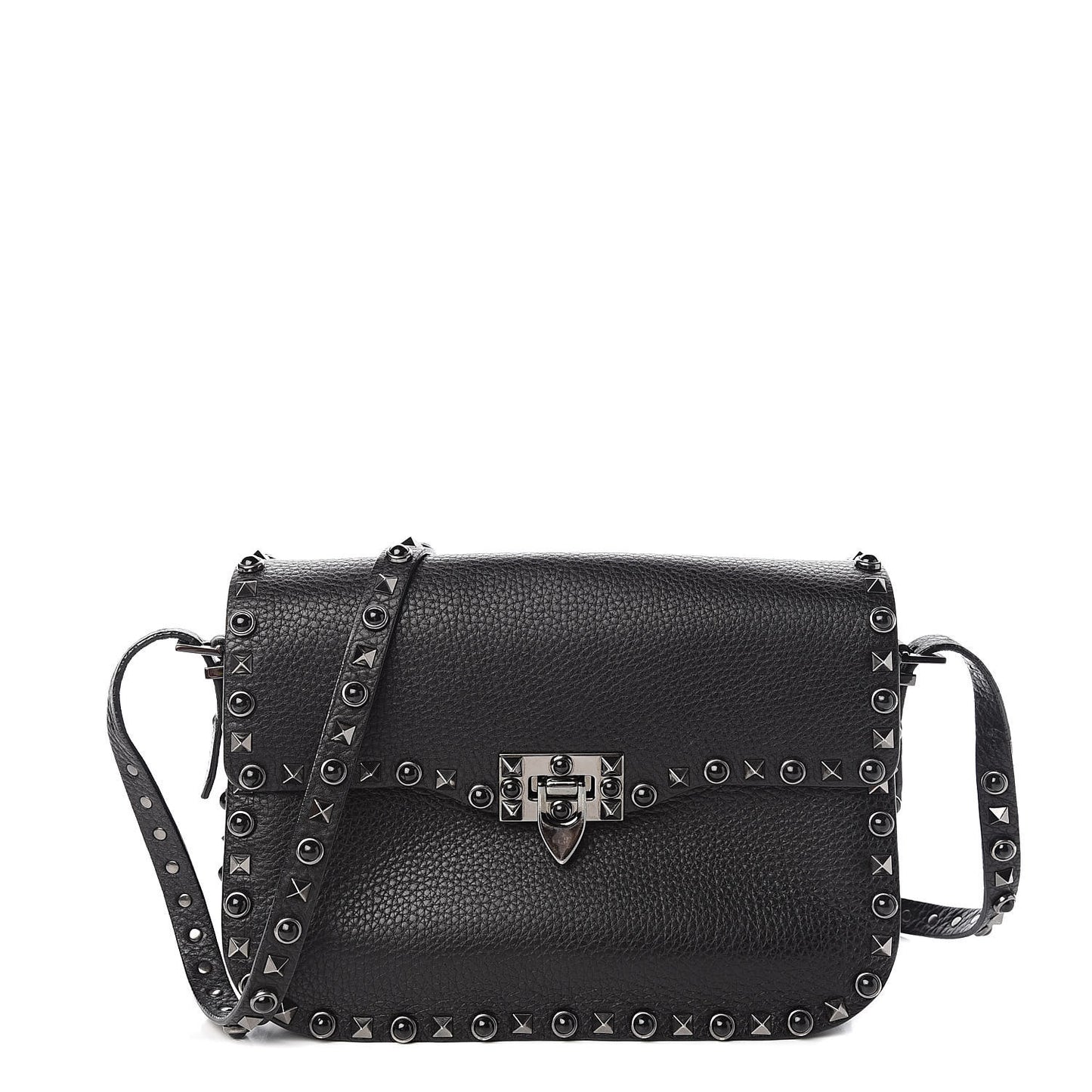 Pebbled Calfskin Onyx Medium Rockstud Rolling Flap Saddle Bag Black