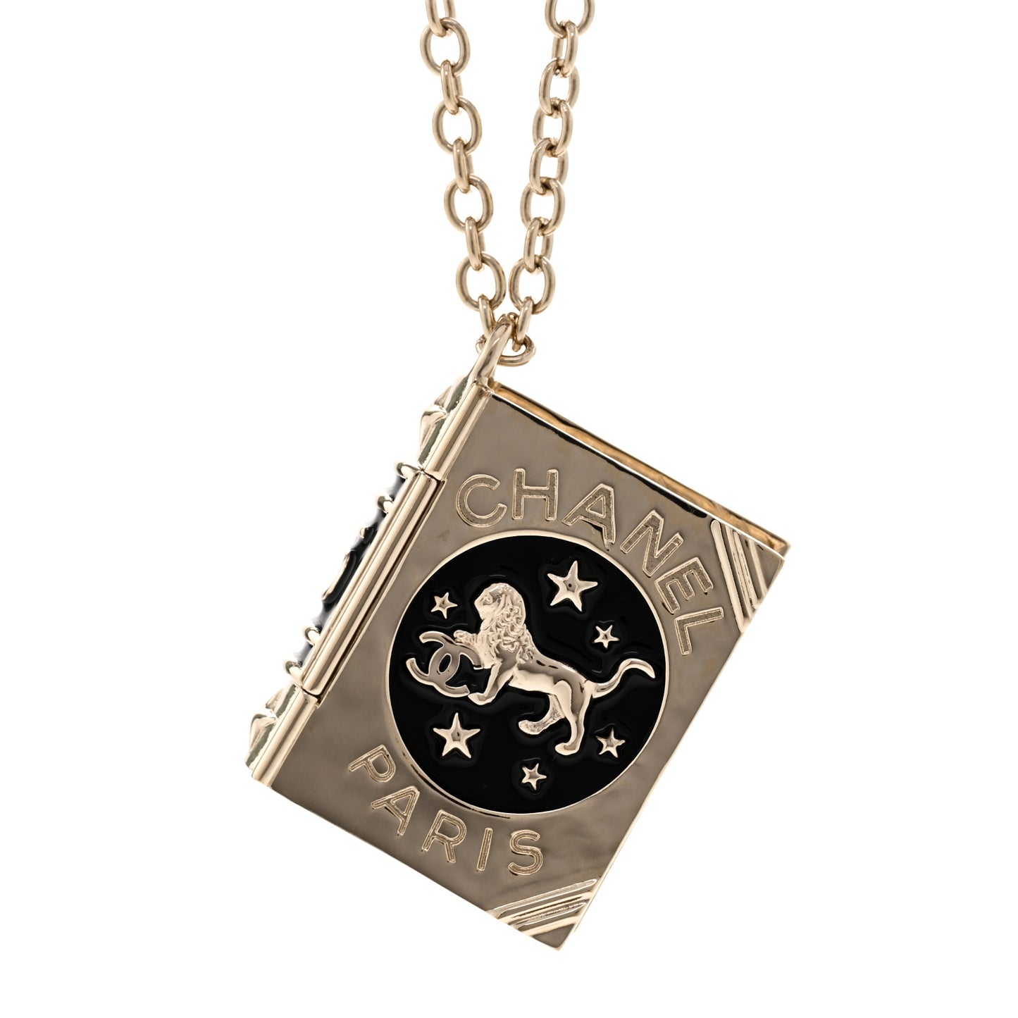 Metal CC Lion Book Locket Necklace Gold