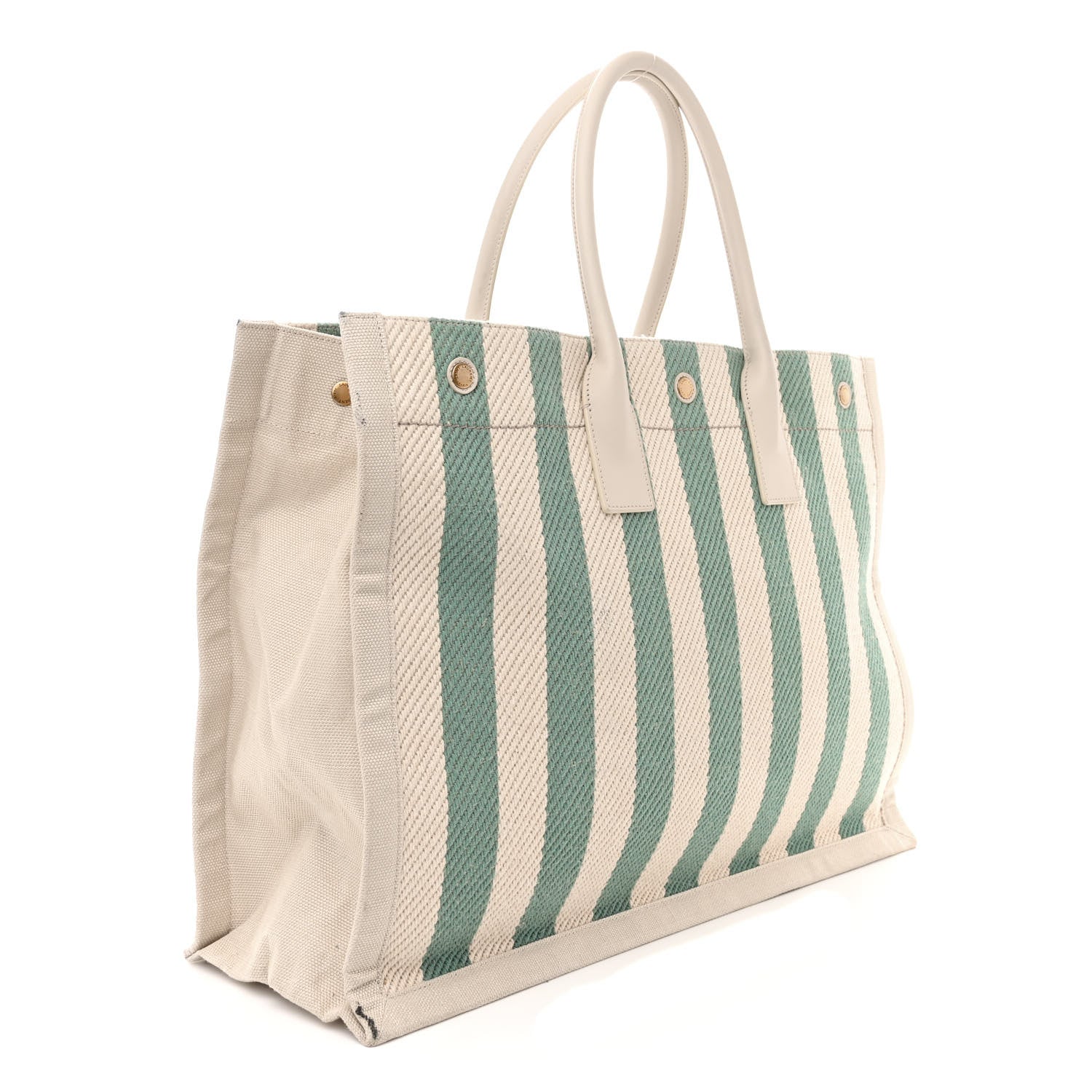 Saint Laurent Cotton Linen Calfskin Striped Rive Gauche Tote Water Green 3 of 14