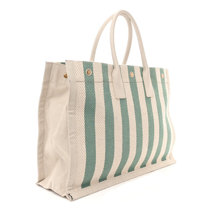 Saint Laurent Cotton Linen Calfskin Striped Rive Gauche Tote Water Green 3 of 14