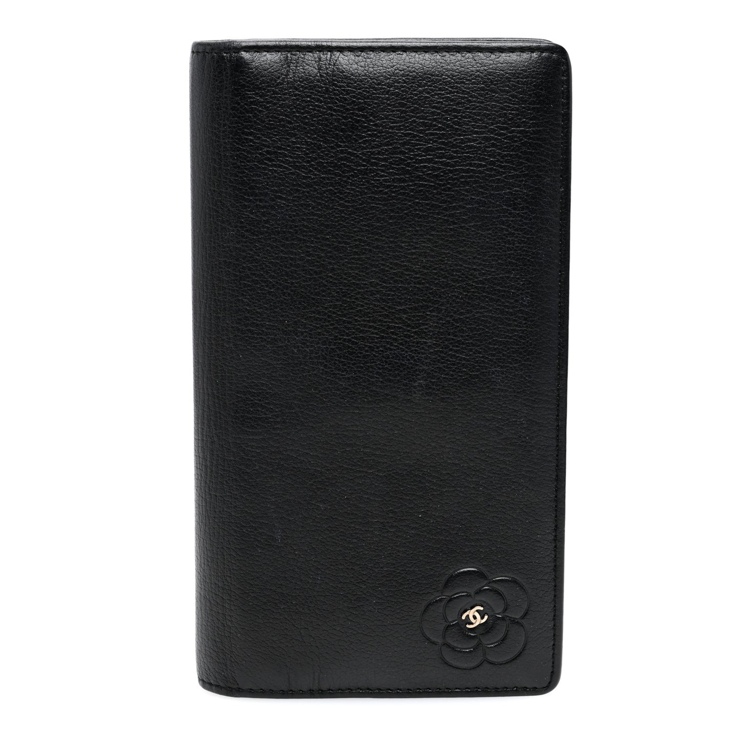 Goatskin Camellia Embossed Yen Wallet Black