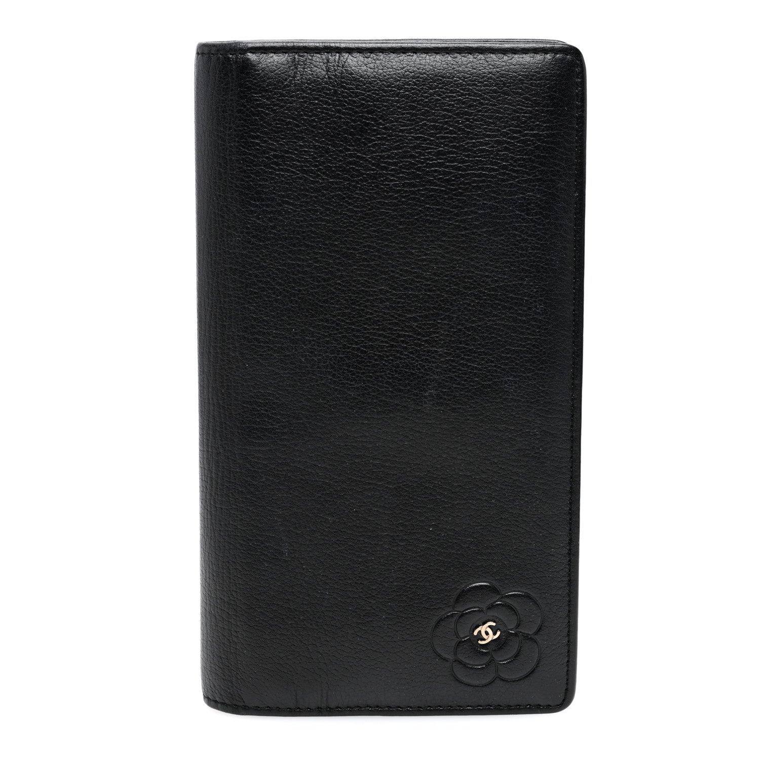 Chanel Goatskin Camellia Embossed Yen Wallet Black 1 of 8