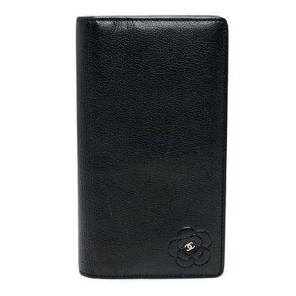 Chanel Goatskin Camellia Embossed Yen Wallet Black 1 of 8