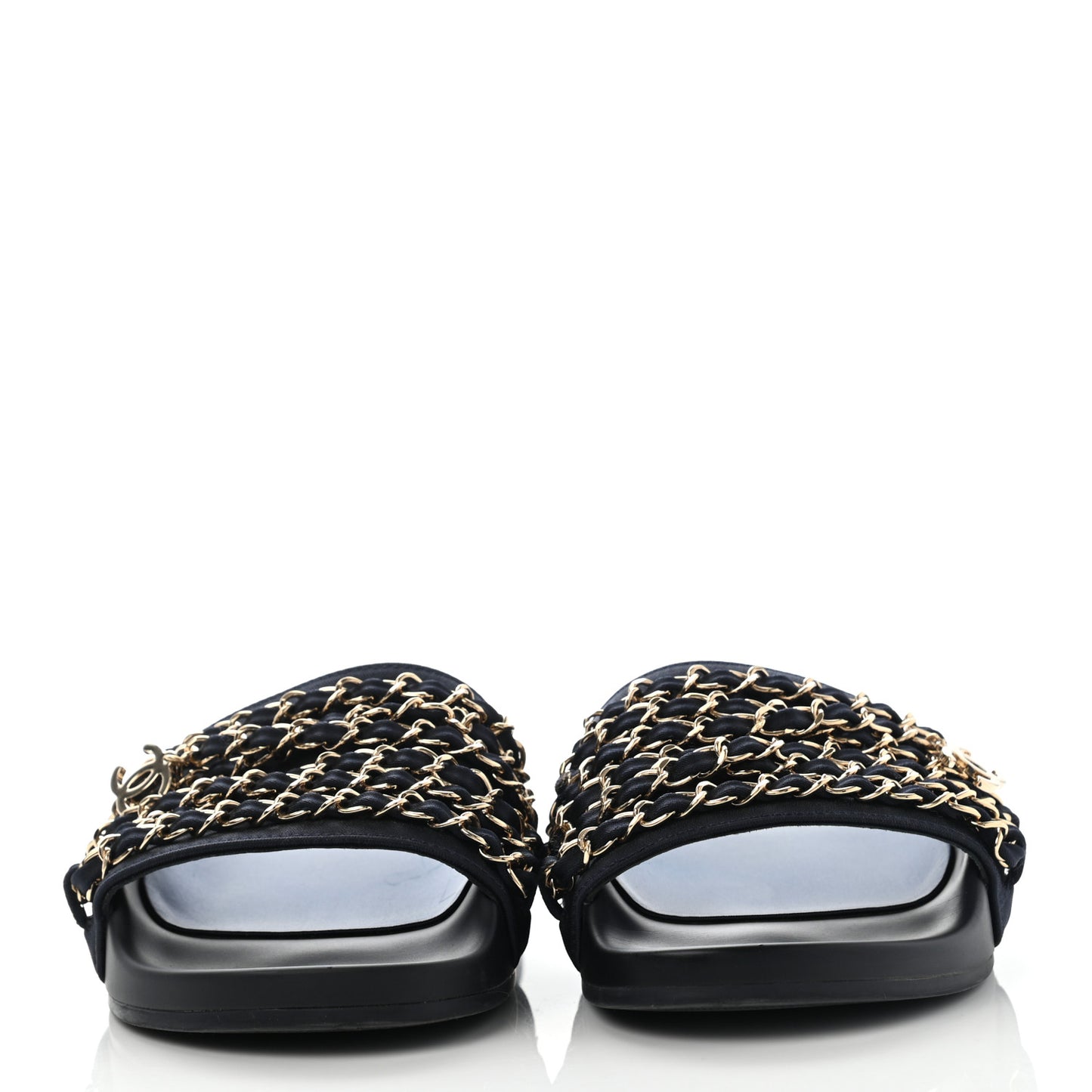 Satin Canvas Chain Slides Sandals Flats 35 Marine