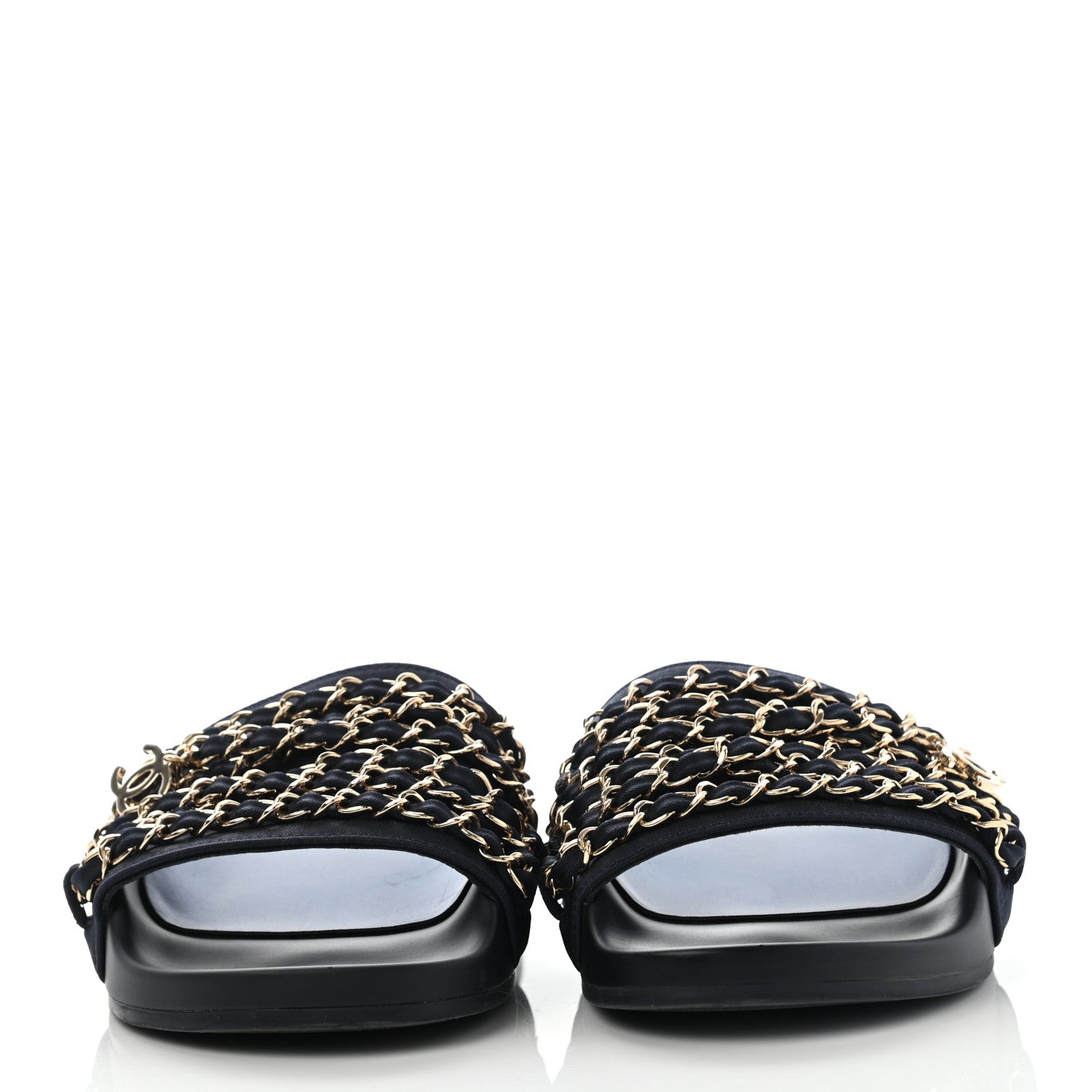Chanel Satin Canvas Chain Slides Sandals Flats 35 Marine 2 of 9