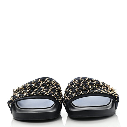 Chanel Satin Canvas Chain Slides Sandals Flats 35 Marine 2 of 9