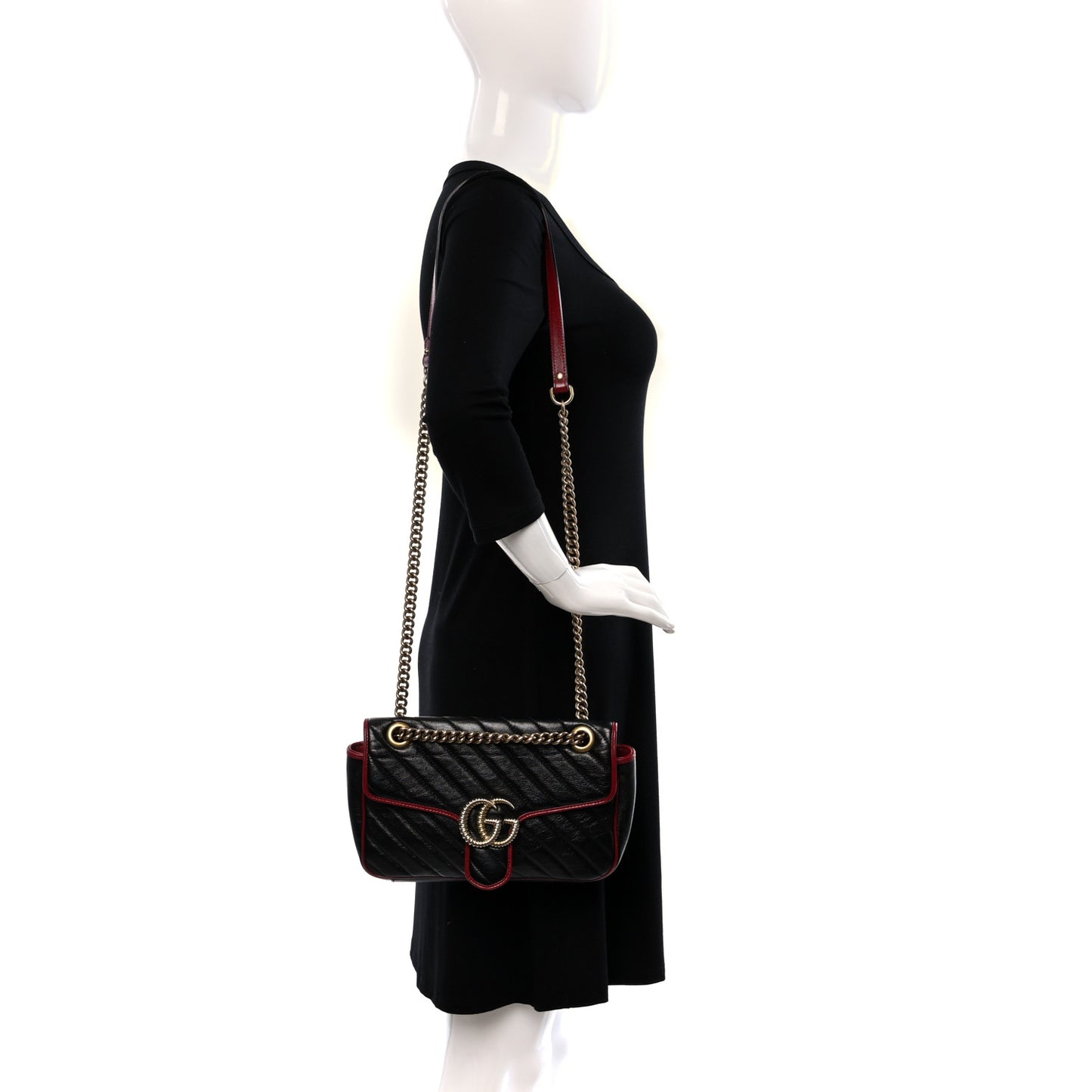 Vintage Effect Calfskin Matelasse Diagonal Small Torchon GG Marmont Shoulder Bag Black Romantic Cherry