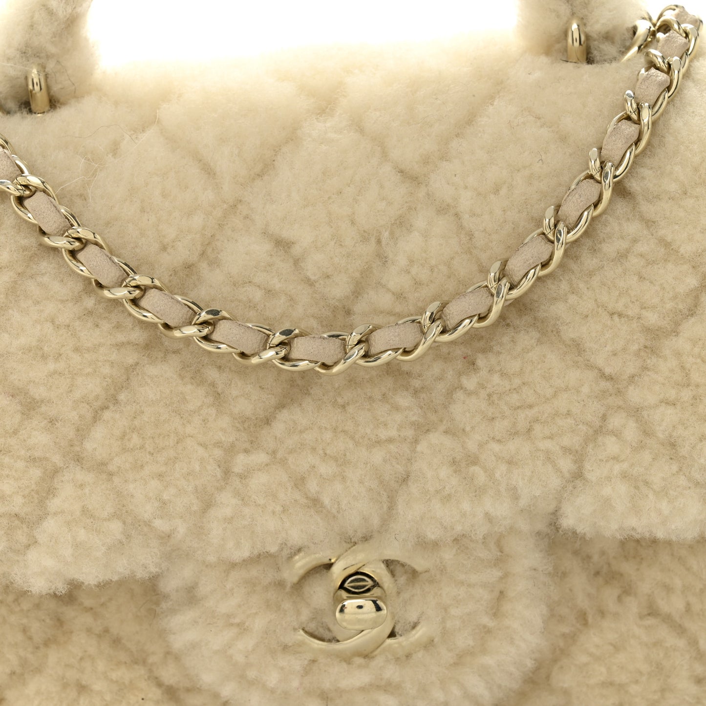 Shearling Quilted Mini Top Handle Rectangular Flap Ecru