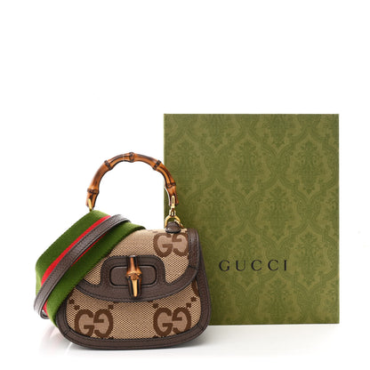 Gucci Monogram Jumbo GG Textured Dollar Calfskin Web Mini Bamboo 1947 Top Handle Bag Camel Ebony New Acero 10 of 10