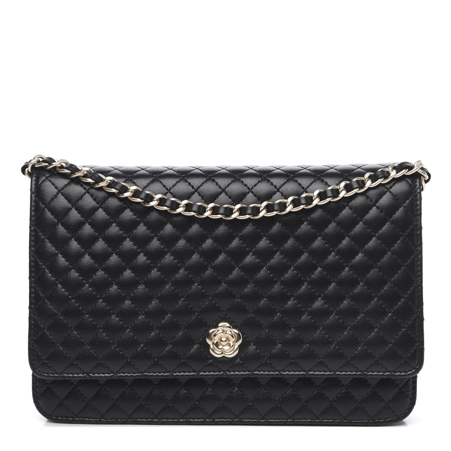 Lambskin Quilted Camellia Wallet On Chain WOC Black