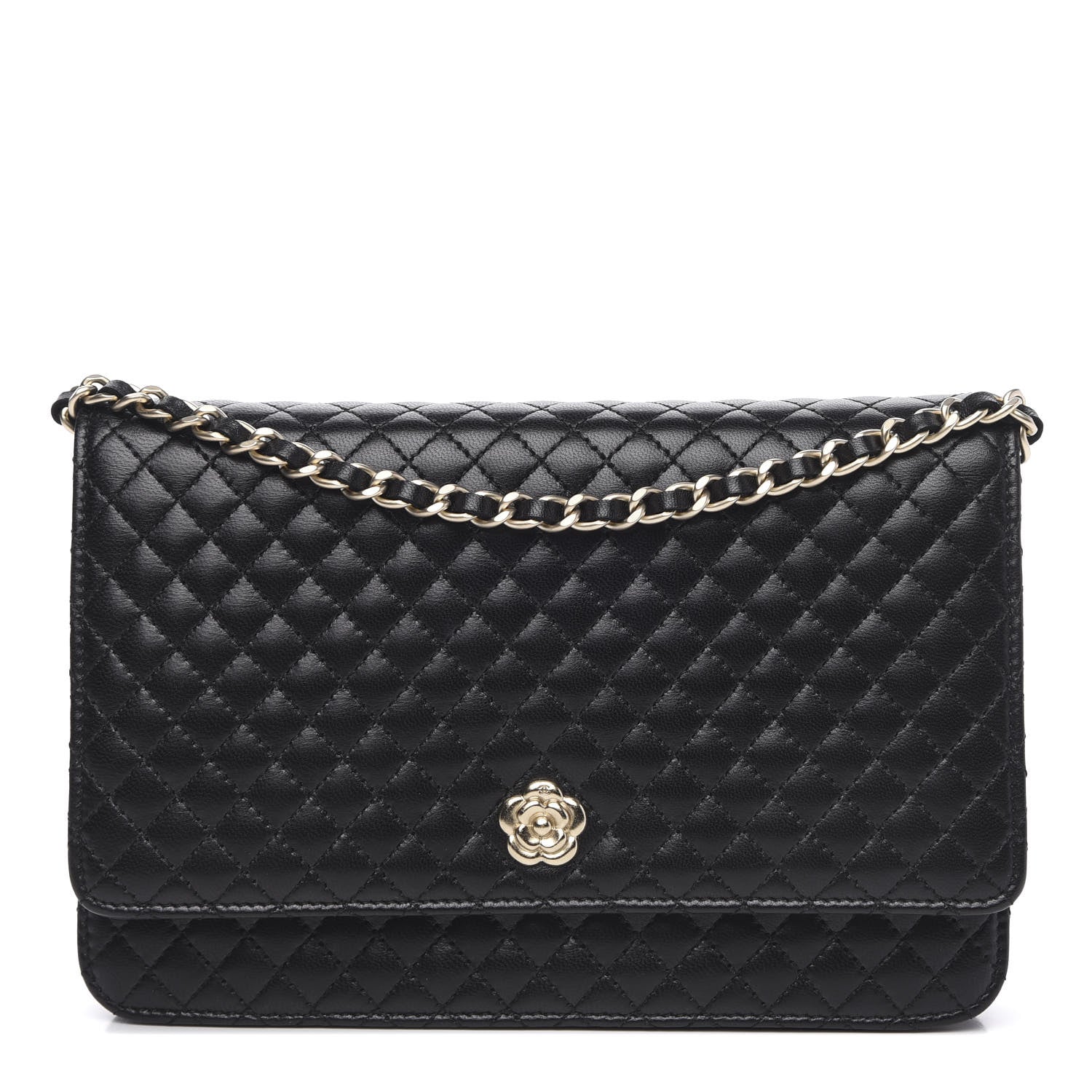 Chanel Lambskin Quilted Camellia Wallet On Chain WOC Black 1 of 12