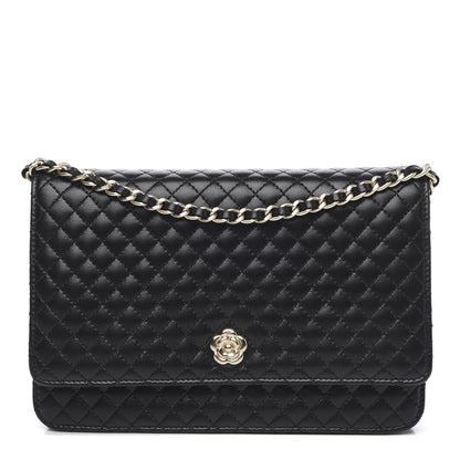 Chanel Lambskin Quilted Camellia Wallet On Chain WOC Black 1 of 12