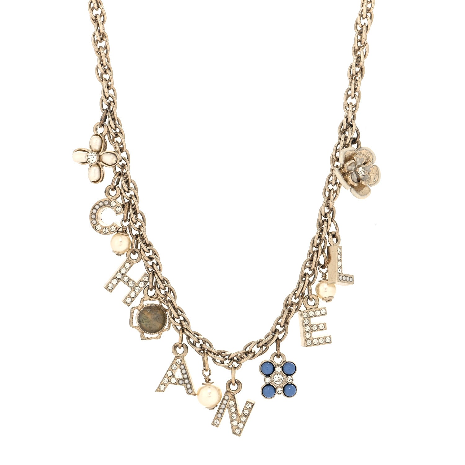 Chanel Crystal Pearl Logo Charm Necklace Gold 1 of 5