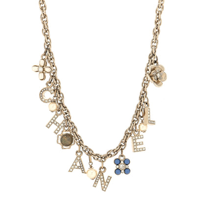 Chanel Crystal Pearl Logo Charm Necklace Gold 1 of 5