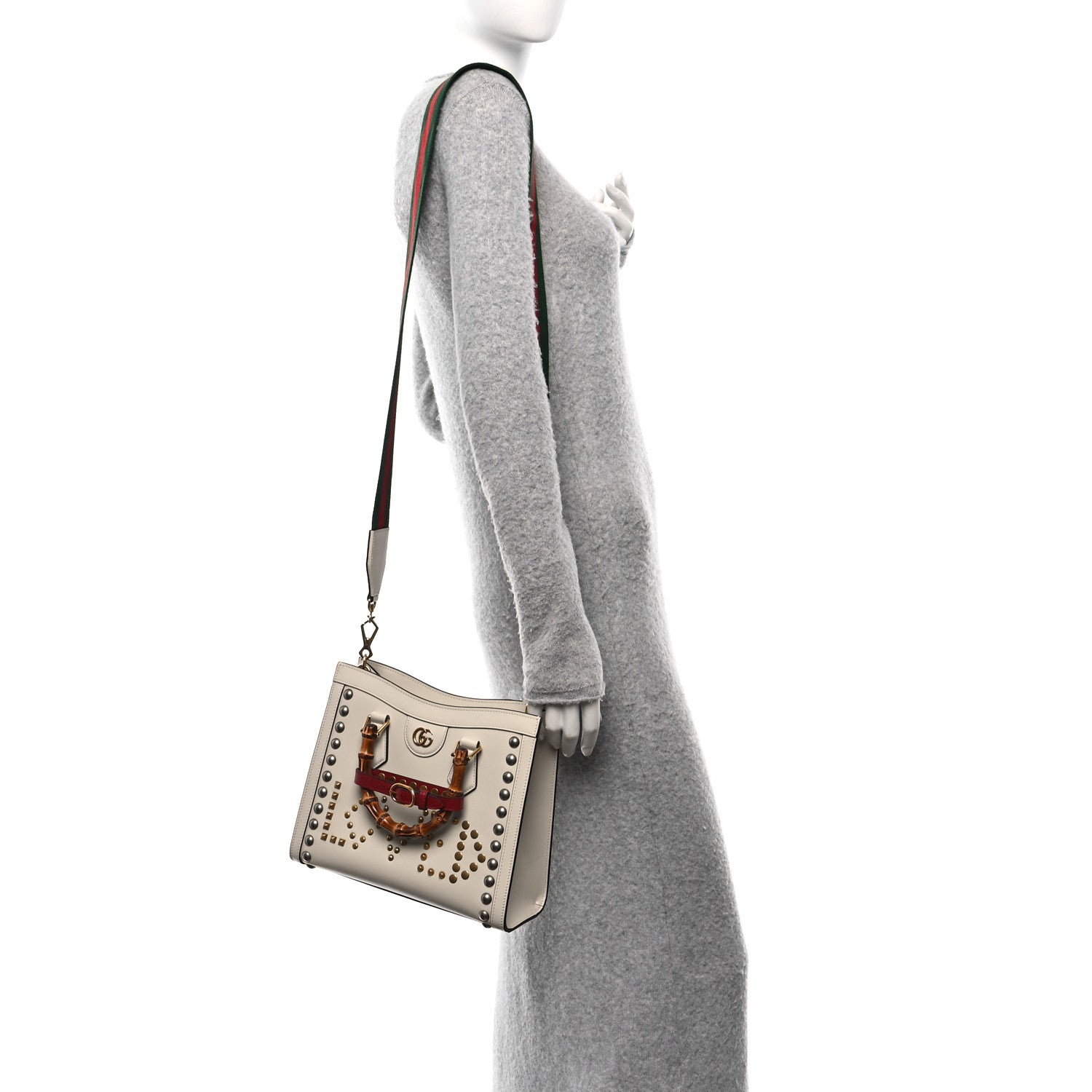Gucci Calfskin Studded Loved Small Diana Tote Bag Mystic White Hibiscus Red 2 of 10
