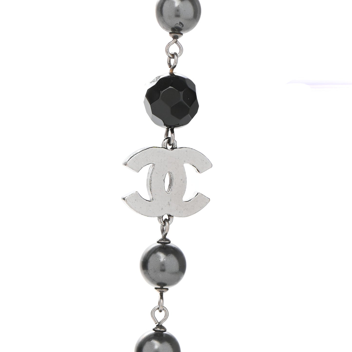 Pearl Beaded CC Long Necklace Silver Black