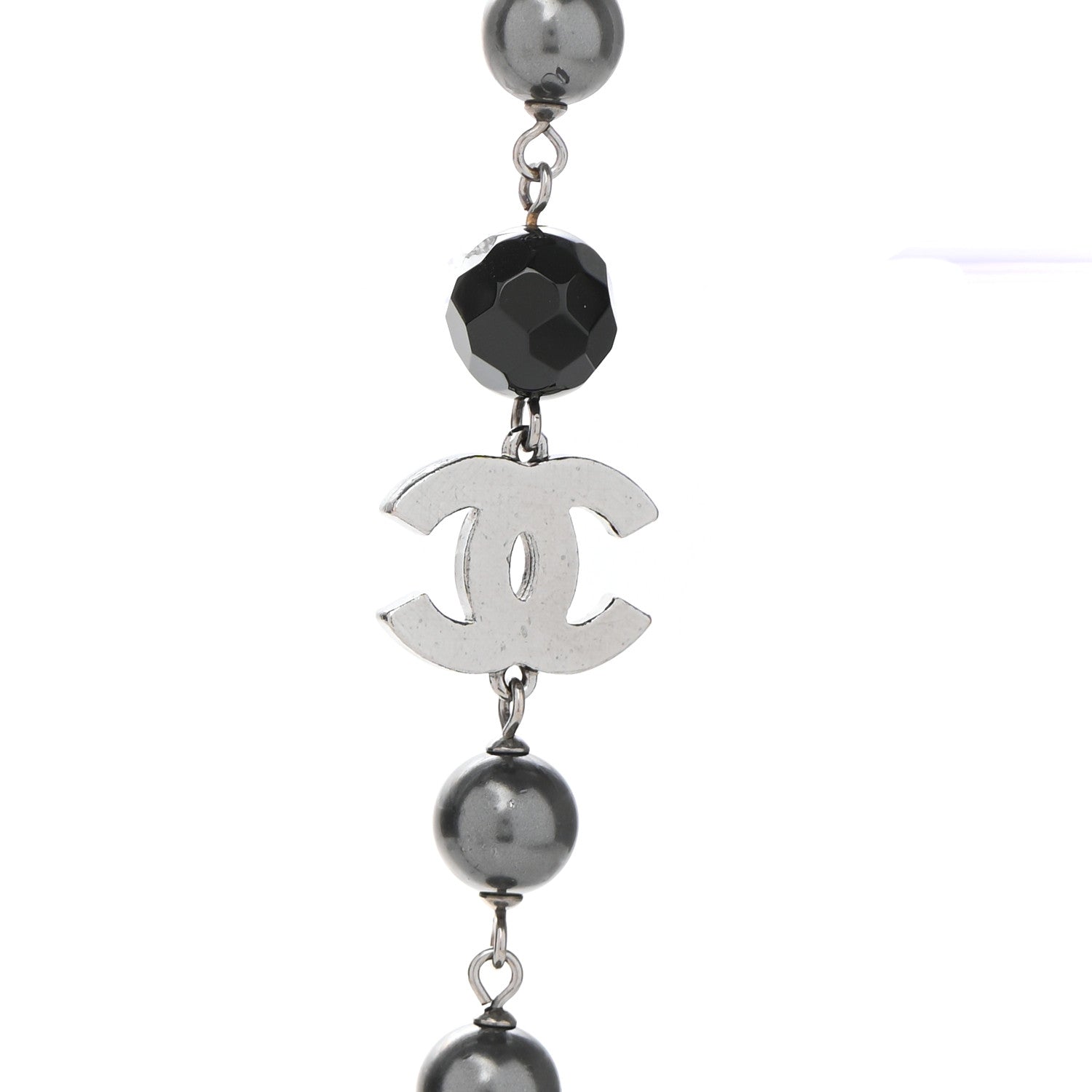 Chanel Pearl Beaded CC Long Necklace Silver Black 4 of 7