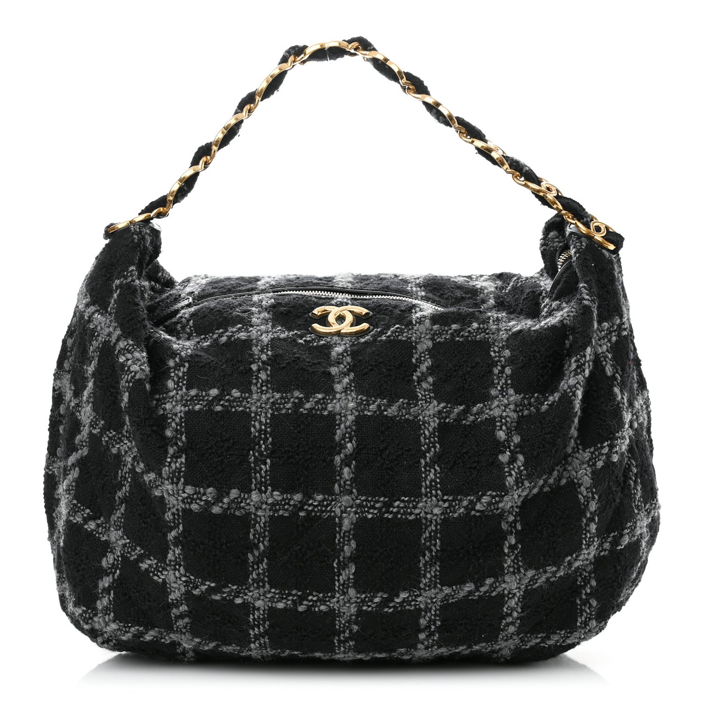 Tweed Maxi Chain Hobo Black Gray