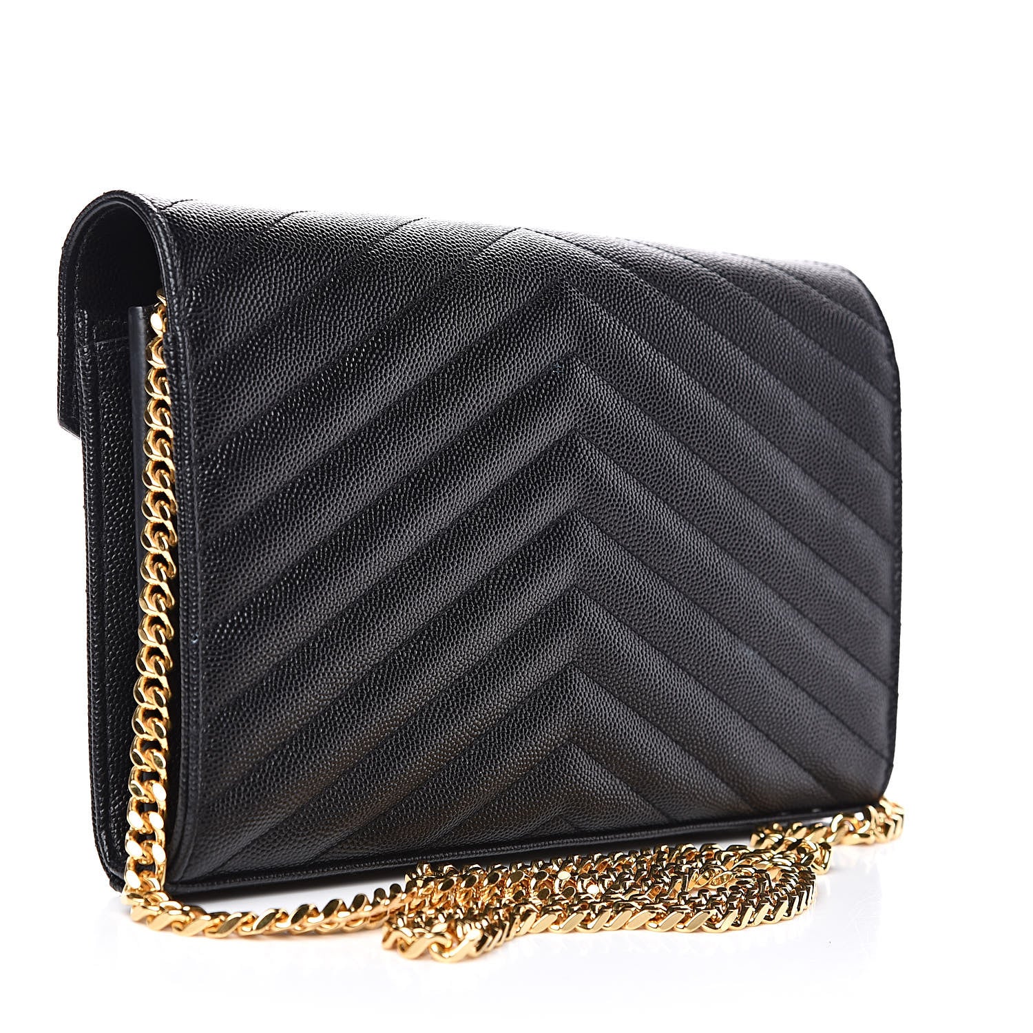 Saint Laurent Grain De Poudre Matelasse Chevron Monogram Chain Wallet Black 3 of 13