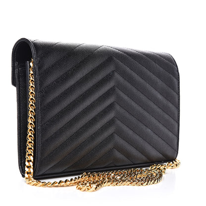 Saint Laurent Grain De Poudre Matelasse Chevron Monogram Chain Wallet Black 3 of 13