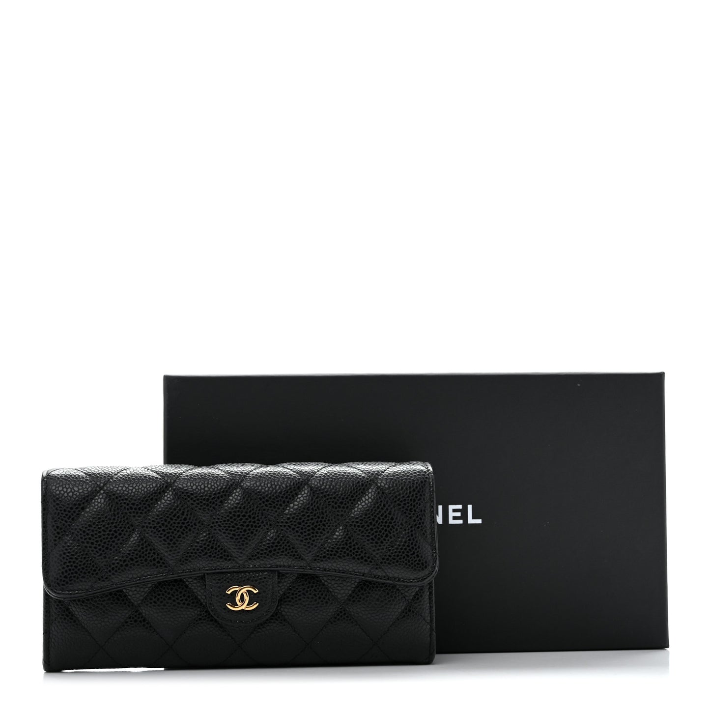 Caviar Quilted Large Gusset Flap Wallet Black