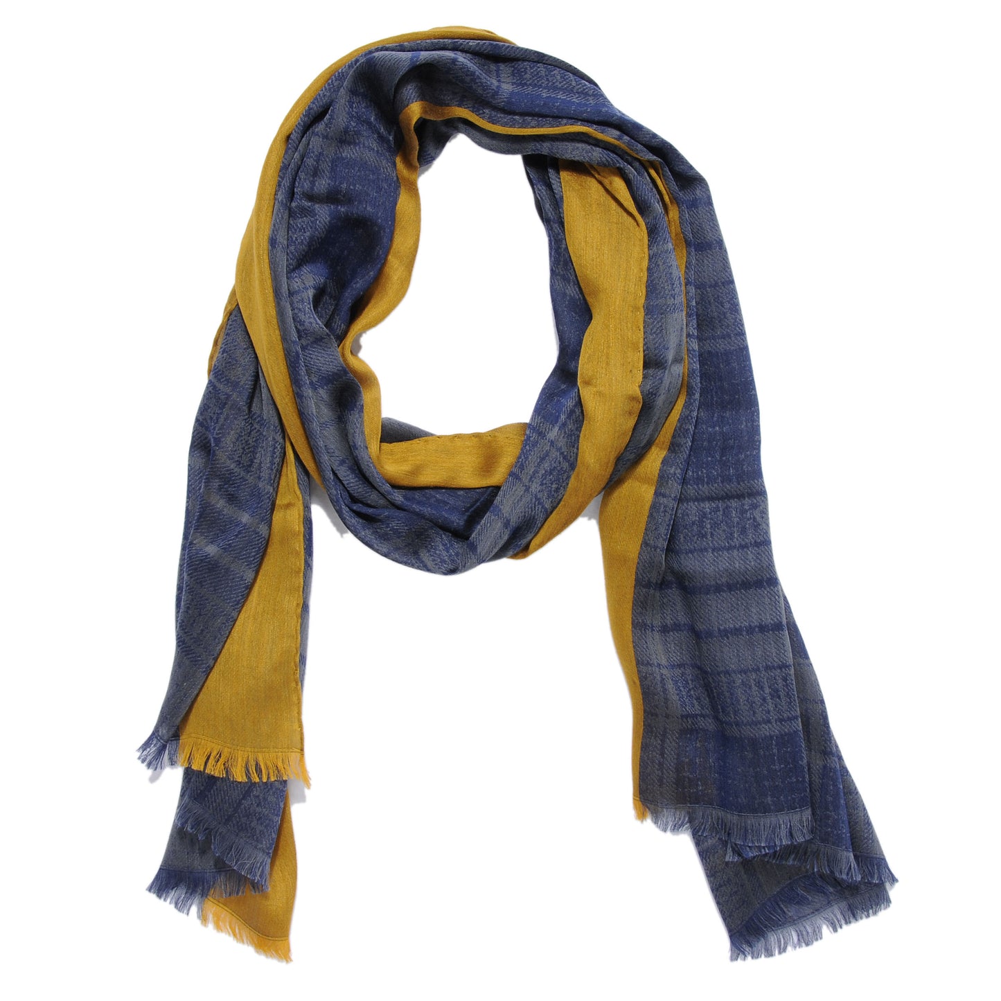 Cashmere Silk Plaid CC Scarf Navy Yellow